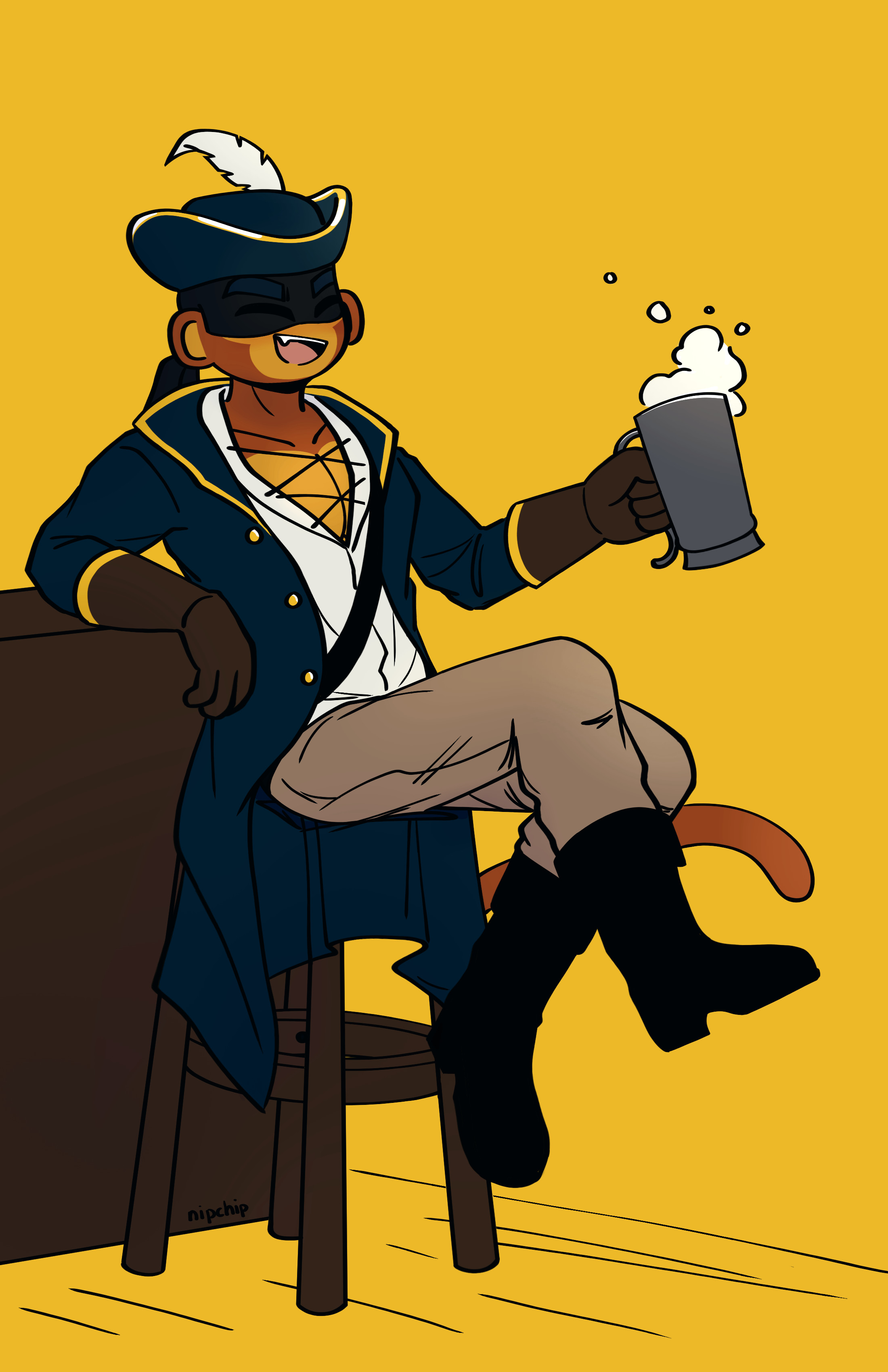 Highwayman Jericho sitting on a bar stool with a pewter beer stein in hand. He is leaning back on the bar counter behind him. His right arm is leaning on the counter and his left is raised with his beer. Beer foam is spilling out the stein. Jericho has a big open smile and a light flush on his face.